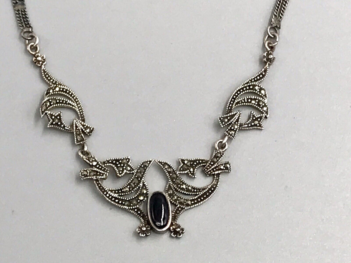 Antik Edel Jugendstil Art Déco 925 Silber Collier Halskette mit Onyx & Markasite