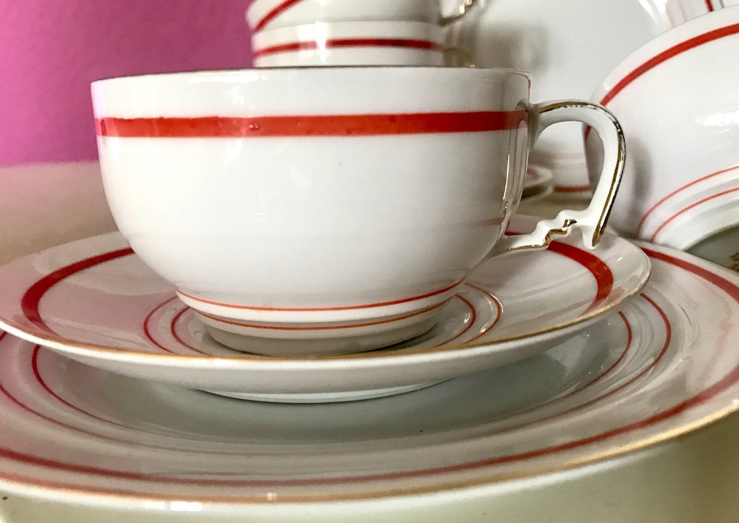 Antik Art Déco Porzellan Kaffeeservice weiß rot orange gemarkt deutsch Bauhaus