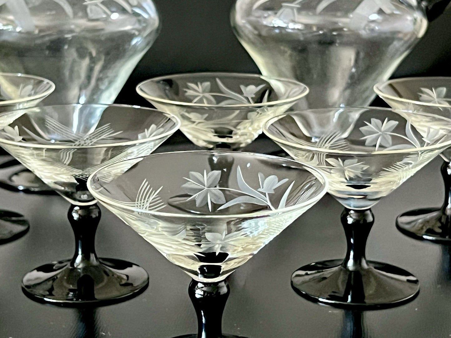 Antik Art Déco Likör 2x Karaffe & 6 Gläser Likörschalen Glas schwarz Stiel