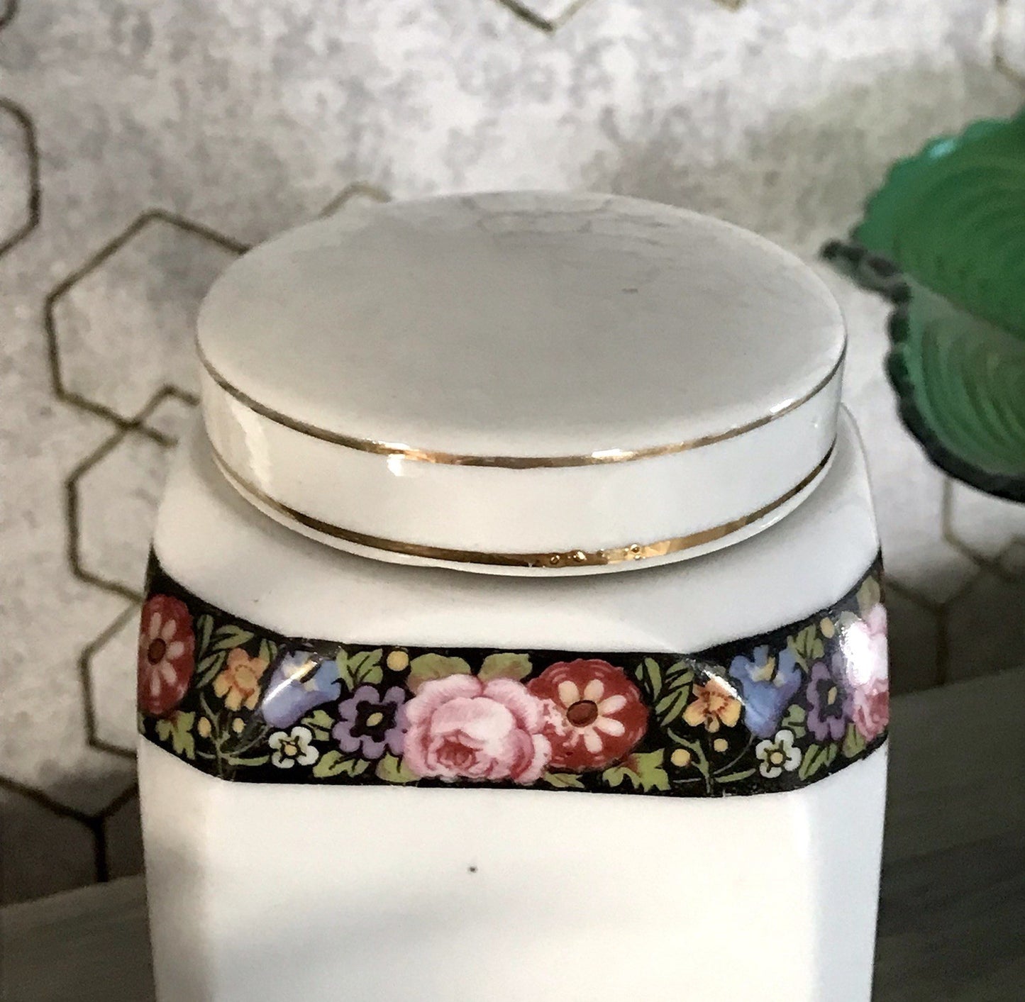 Antik Porzellan Dose Vorratsgefäß Vorratsdose Sago Blumenborte Art Déco