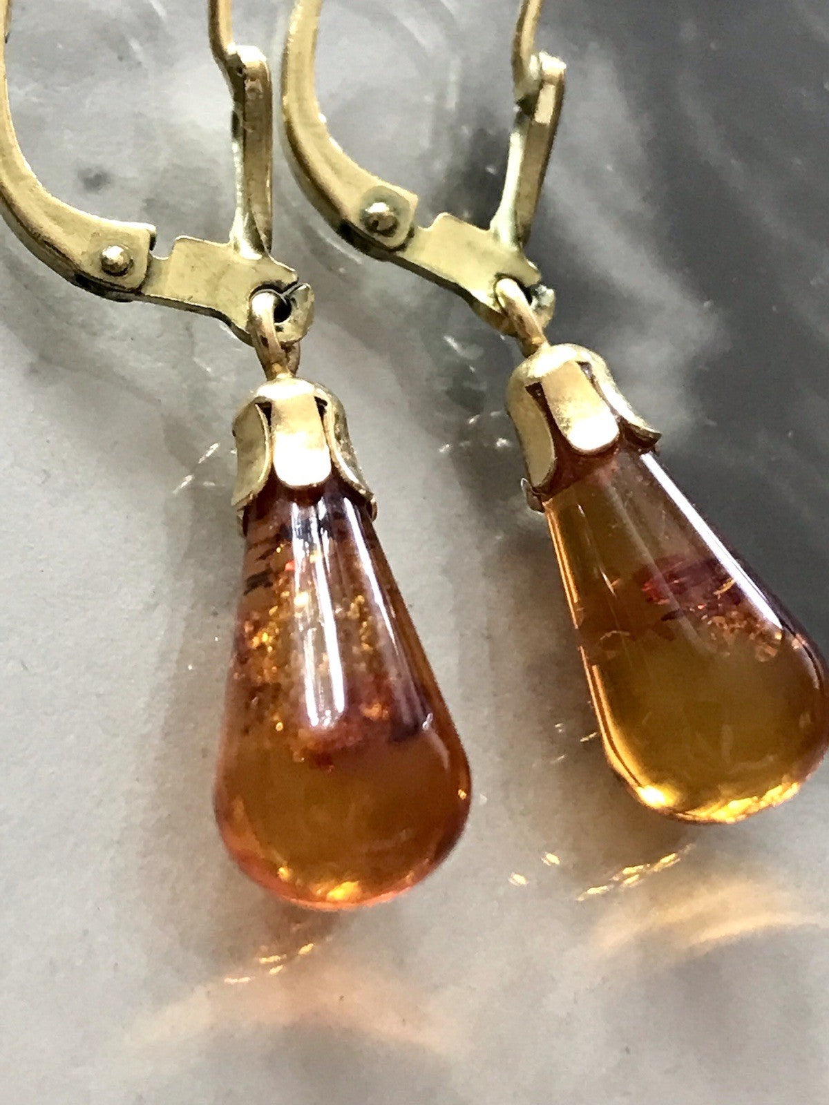 Antik Vintage Ohrhänger Ohrringe Pampel Bernstein ? DAMEN Amerik. Doublè