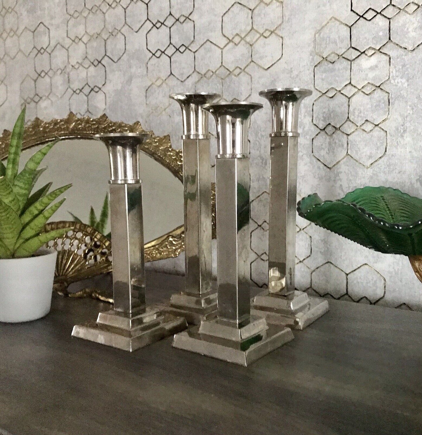 4 Kerzenleuchter Kerzenständer Leuchter Art Déco Stil versilbert? kantig