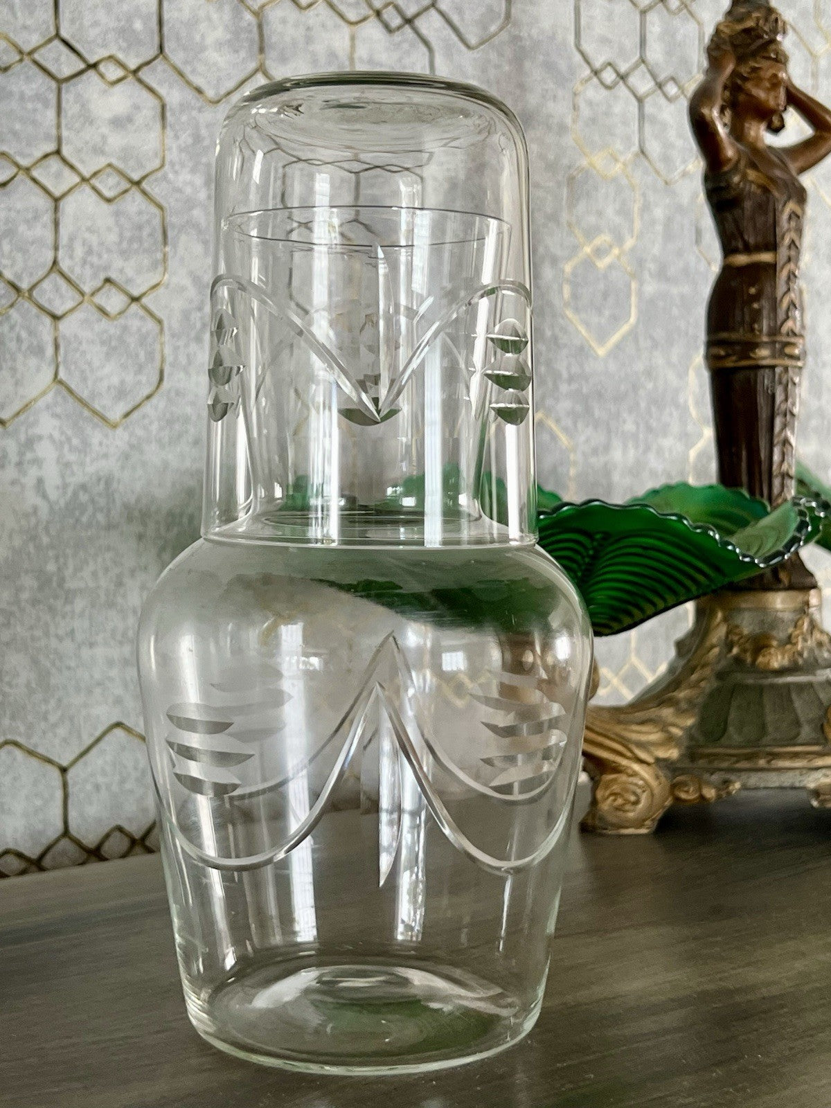 Antik Art Deco Sturzflasche Karaffe Dekanter & Becher Glas geschliffen