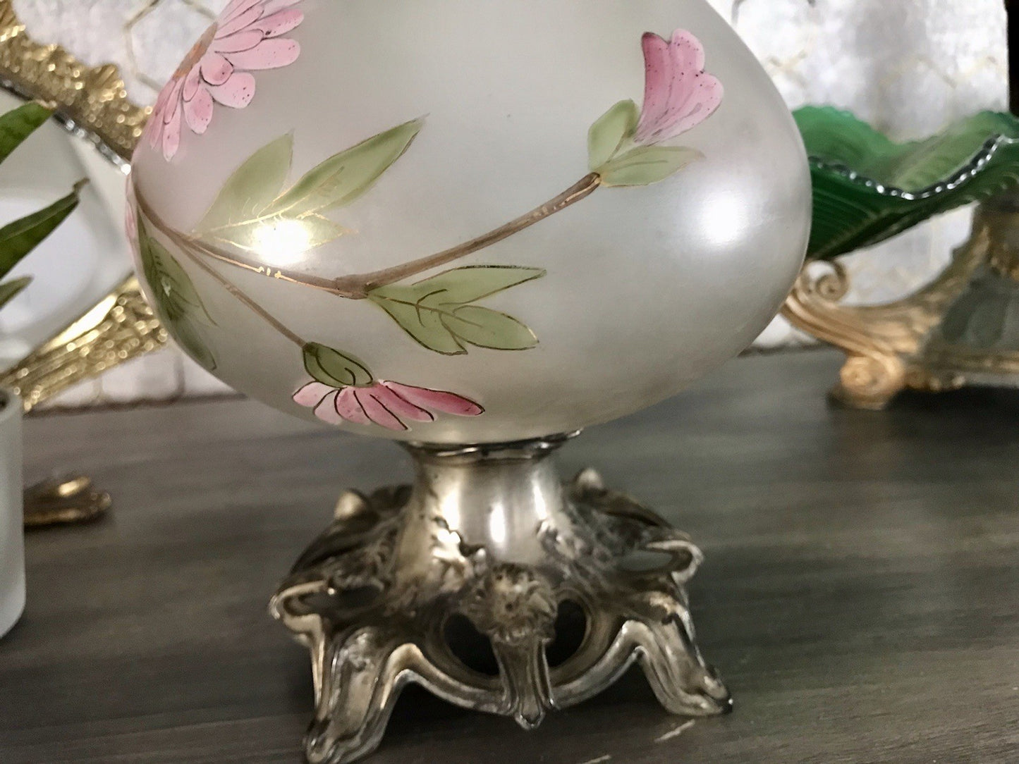 Antik Legras Karaffe Dekanter Schankkrug Glas versilbert Montur bemalt