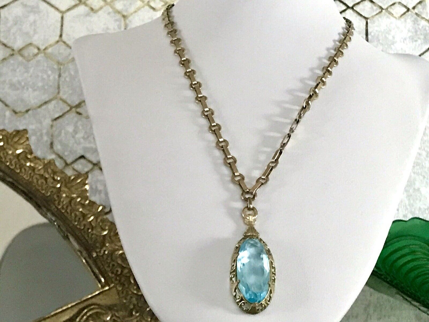 Antik Jugendstil Collier Halskette blauer Stein Anhänger Amerik. Doublè  A. Daub