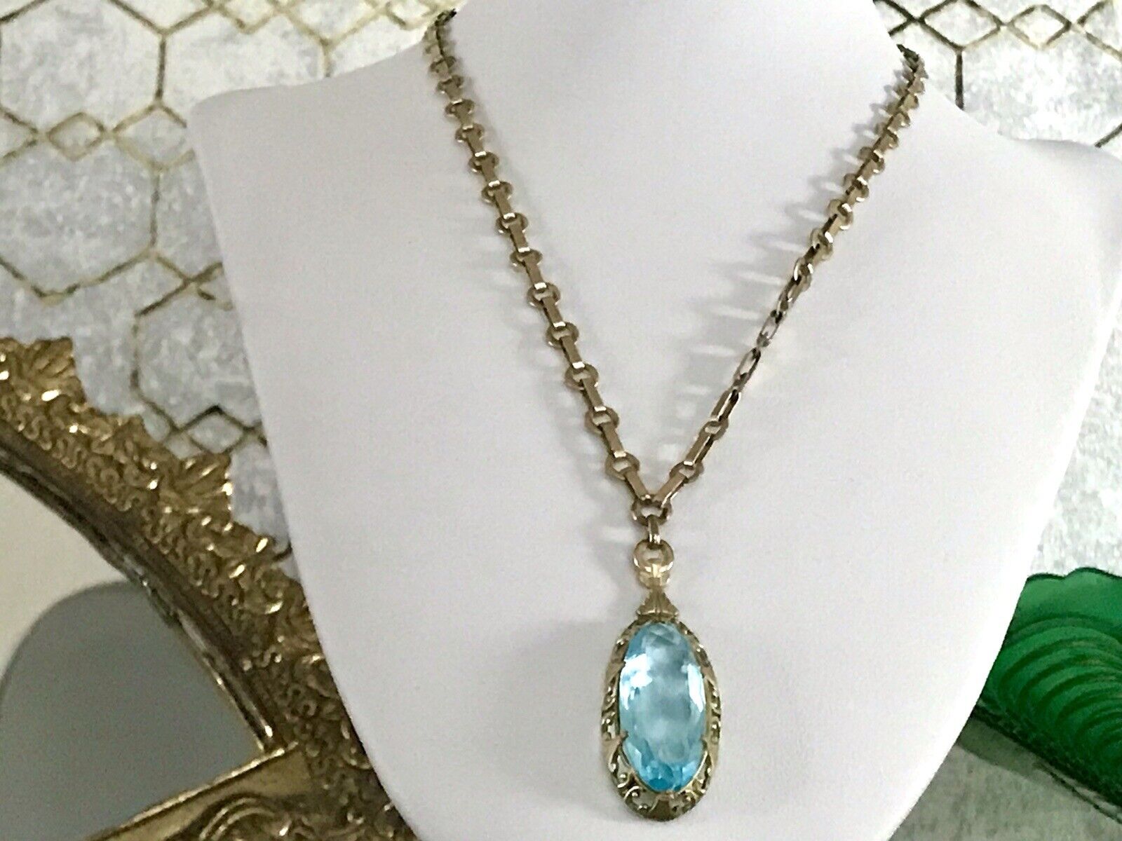 Antik Jugendstil Collier Halskette blauer Stein Anhänger Amerik. Doublè  A. Daub