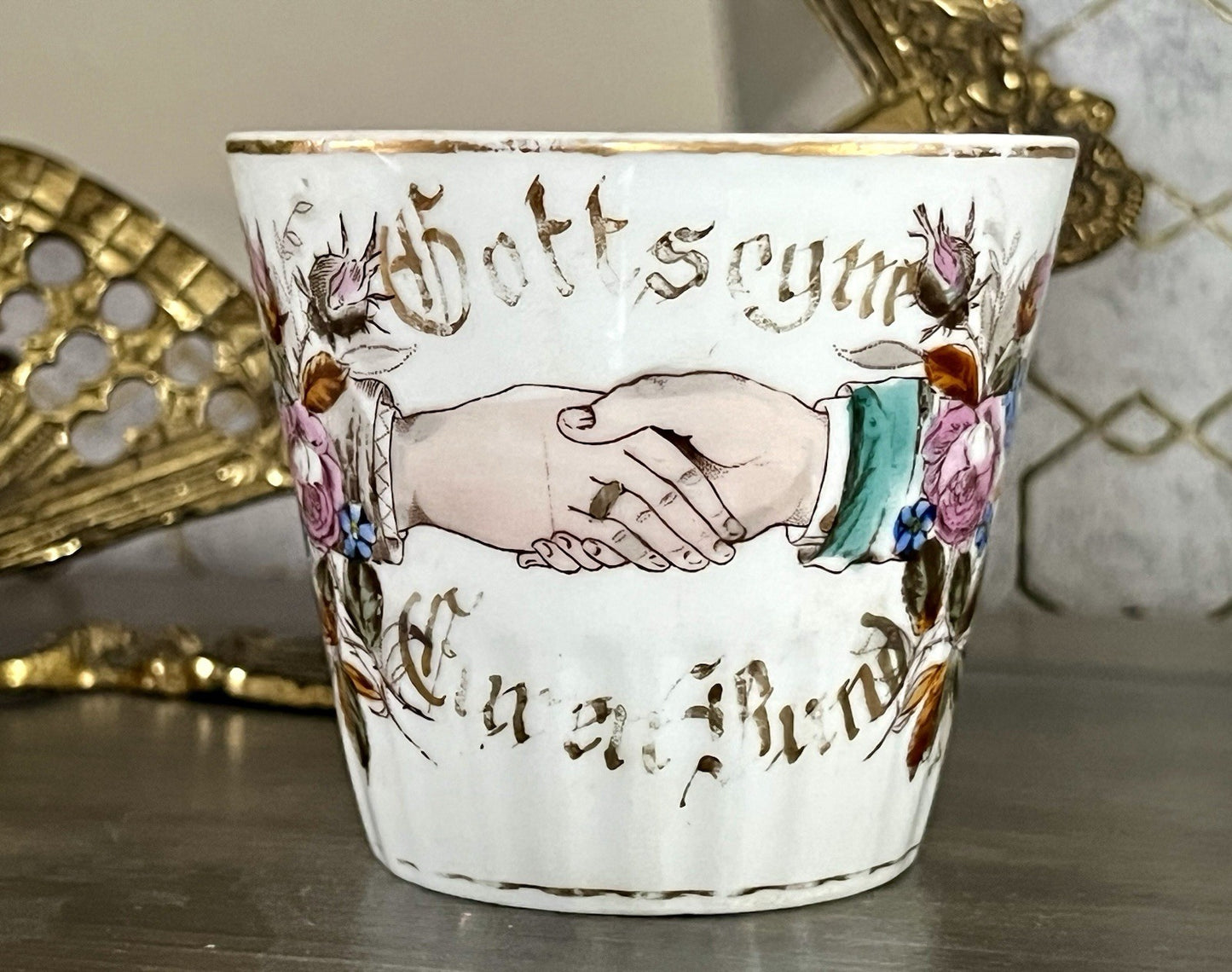 Antik Porzellan Andenken Becher Sammeltasse Tasse Gott segne dieses Bund