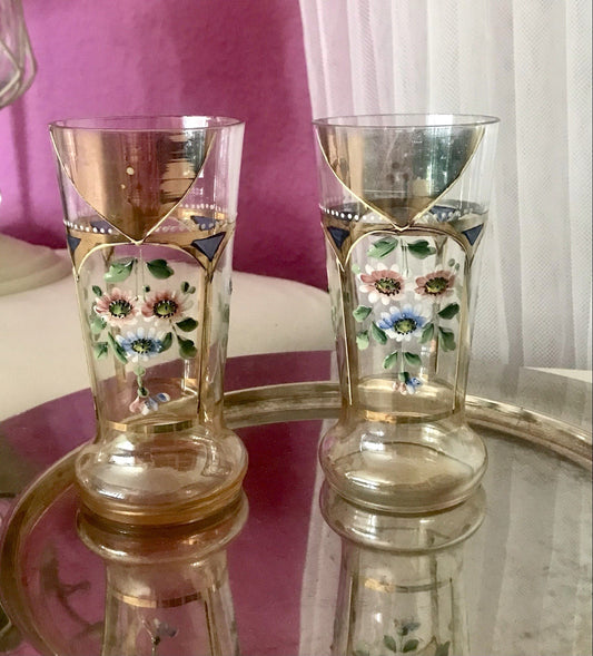 Antik Jugendstil Emaile -Malerei Glas Fußbecher Becher Pokal Bierglas irisierend