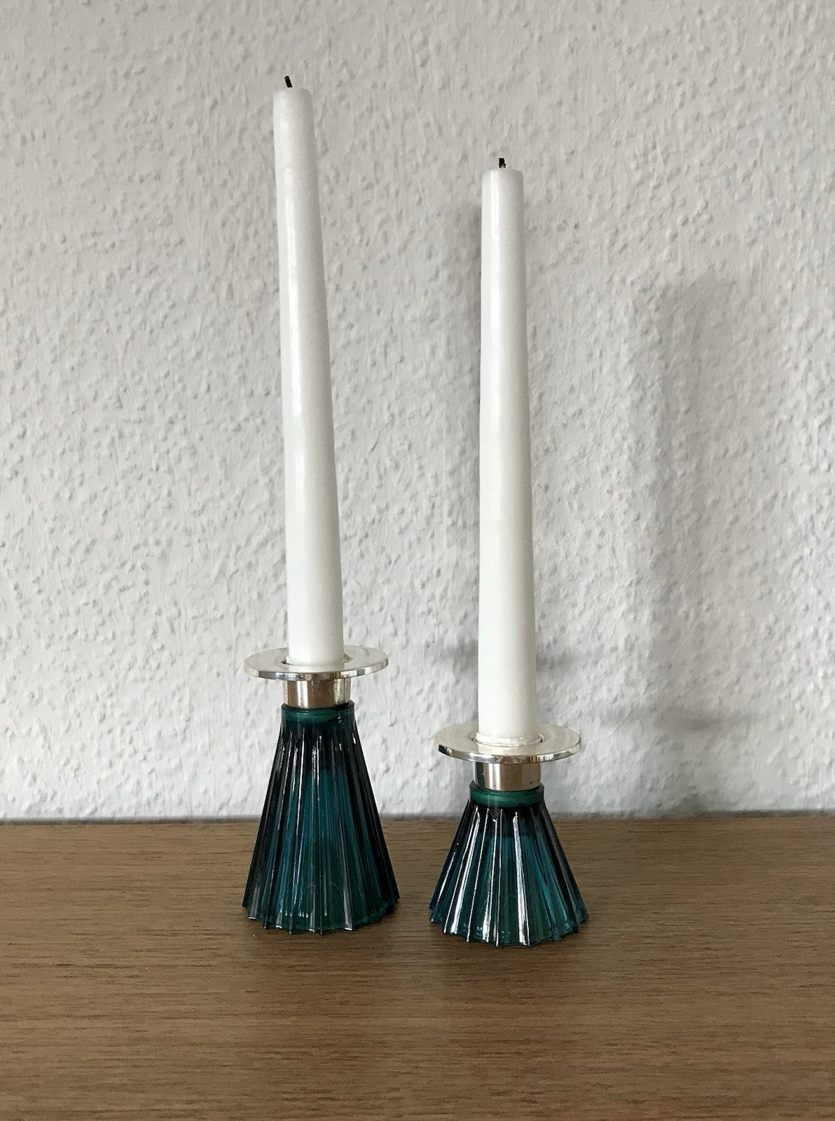 Vintage alt WMF 2 Leuchter Glas türkis versilbert Wagenfeld Ära
