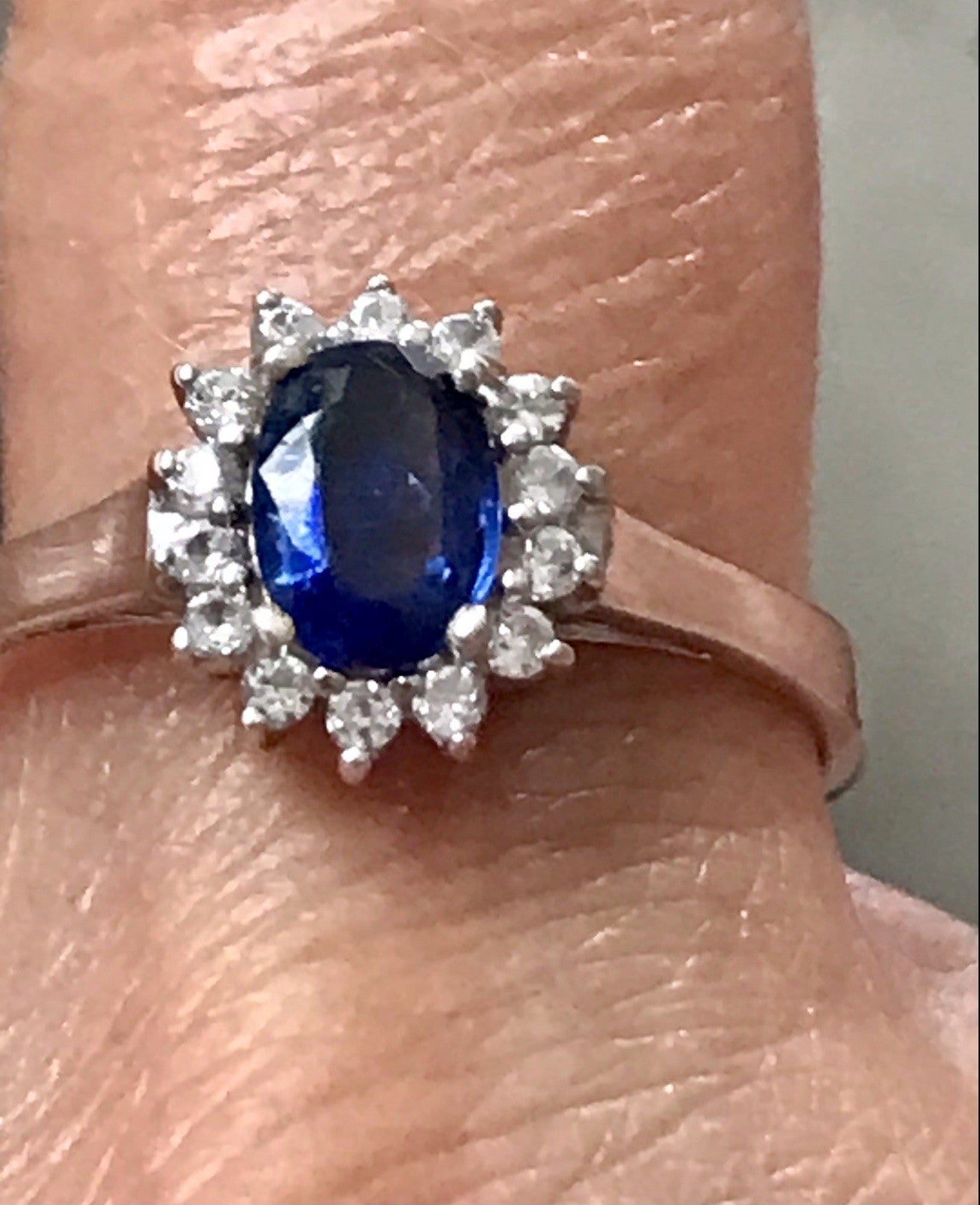 Vintage Entourage Halo Ring farblose Steine & Saphir Silber 925  ~Gr.62 63