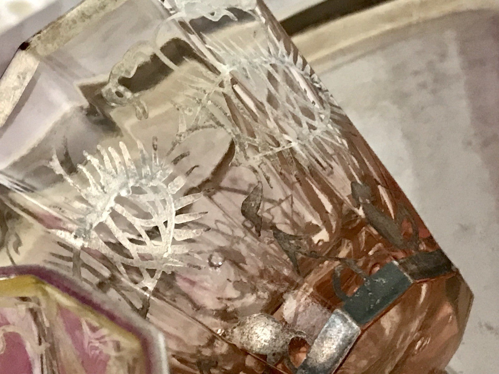 Antik ? Art Déco?  4 Likörgläser Schnapsgläser kantig Silberbeschichtung Böhmen?