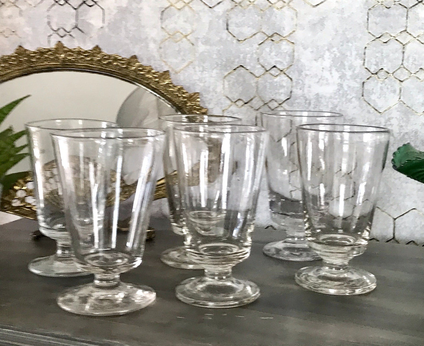 Antik 6 Fußbecher Becher Weinglas Pokalglas Glas ~ 1900 Eichstrich mundgeblasen