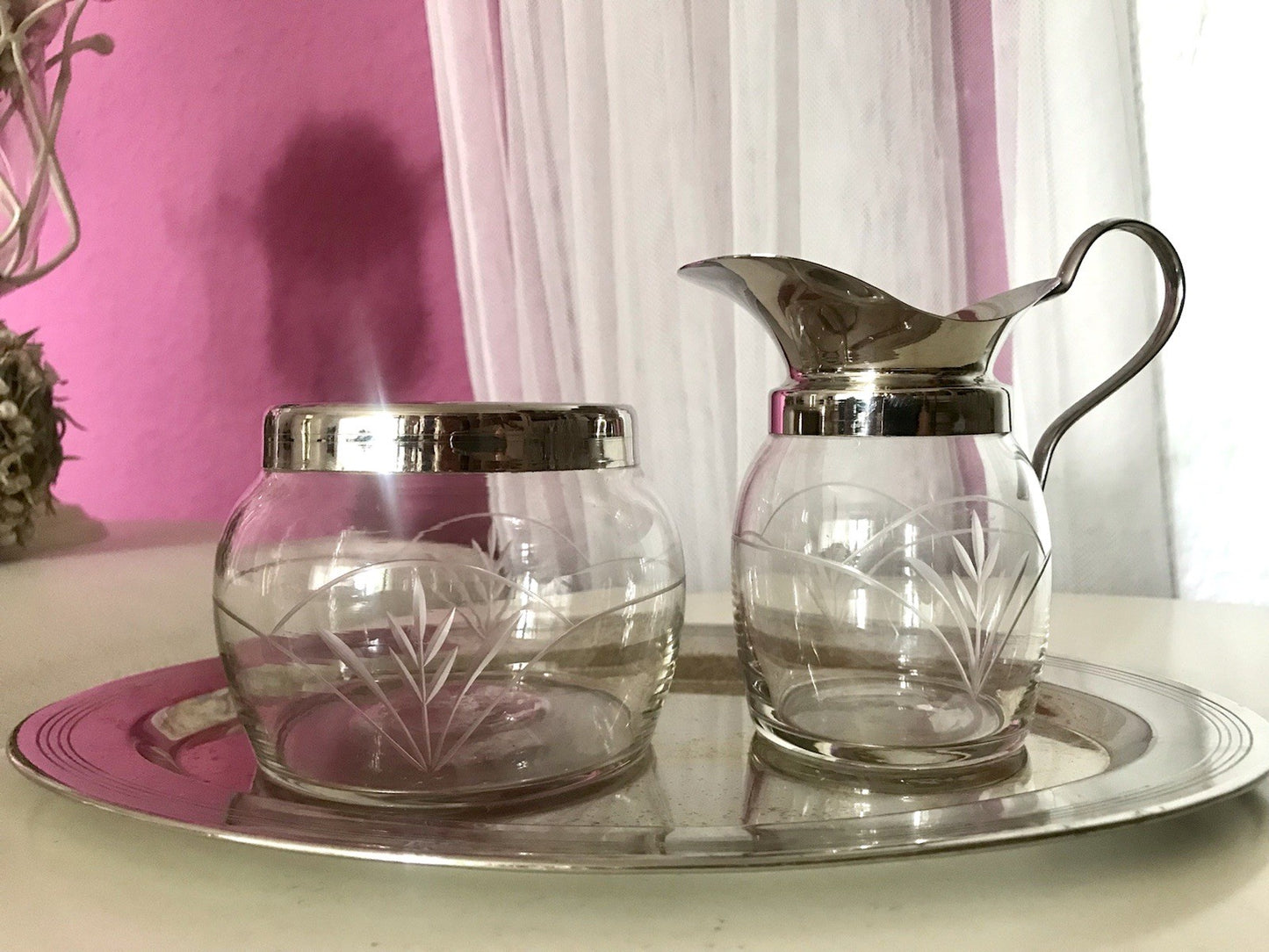 Antik Jugendstil 3 Teile Milch& Zucker Tablett Metallmontur & Glas geschliffen