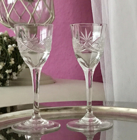Antik 2 hochstielige Jugendstil Art Déco Likörgläser Kristallglas Schliff EDEL