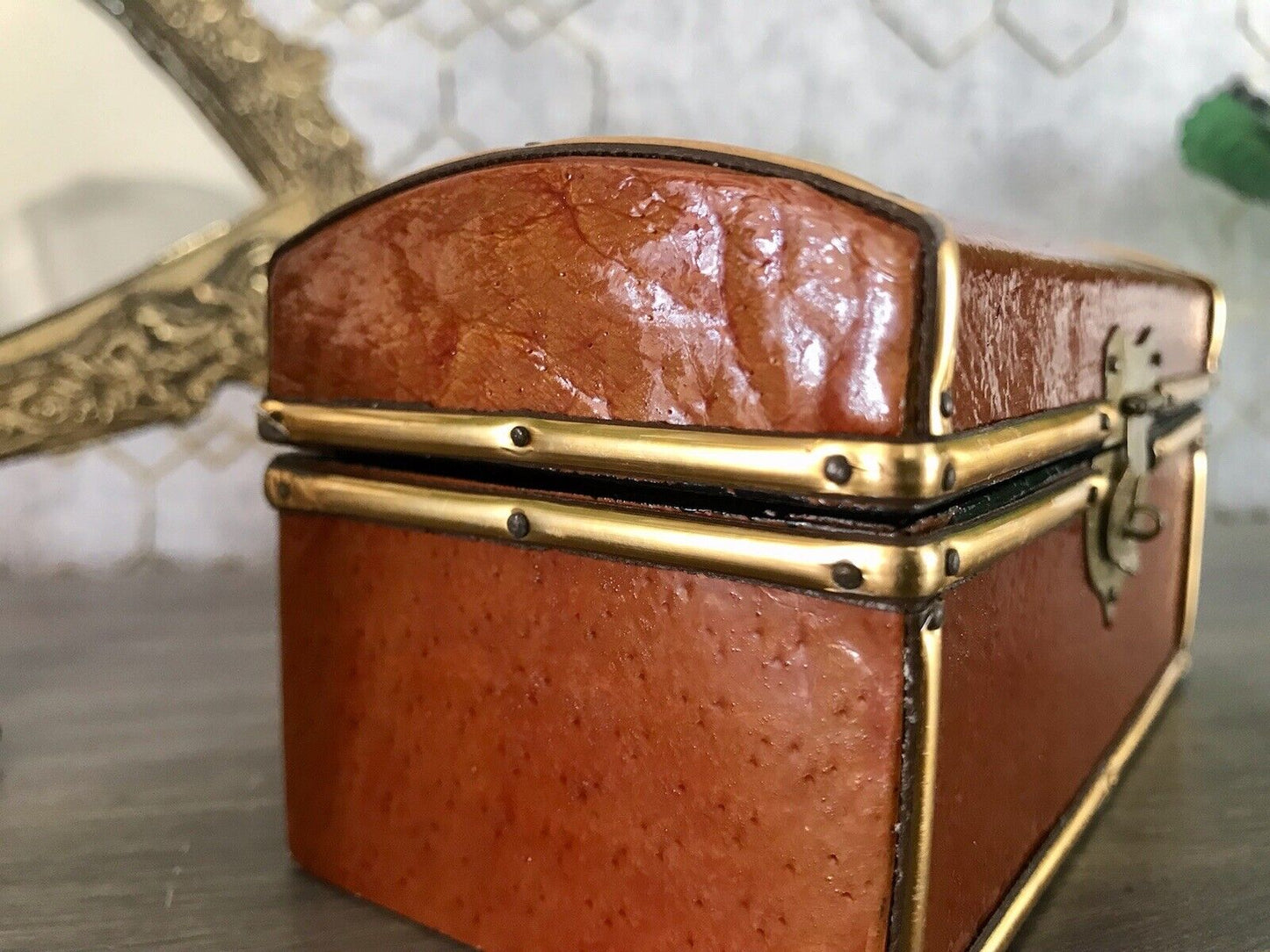 Vintage Schatulle Schmuckdose Dose Kästchen Leder bezogen Cognac