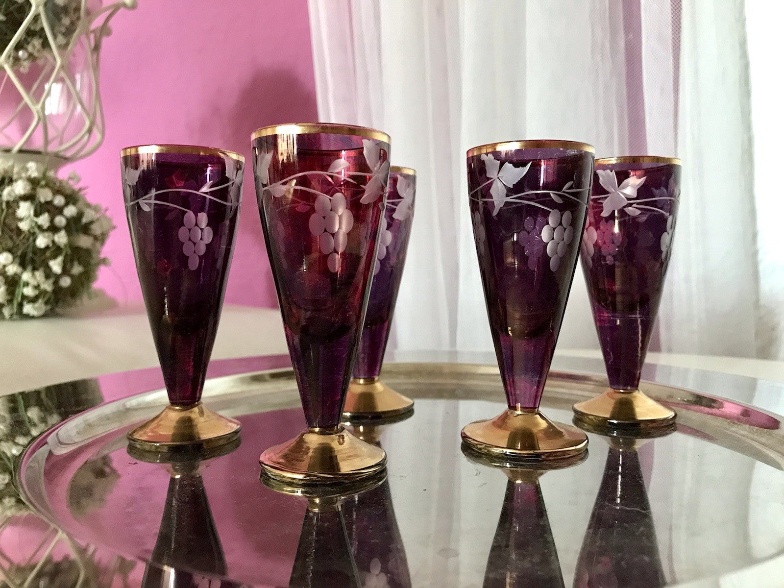 Antik Jugendstil Art Déco 5 Pinnchen Schnapsgläser Golddekor Gläser Schliff ROT