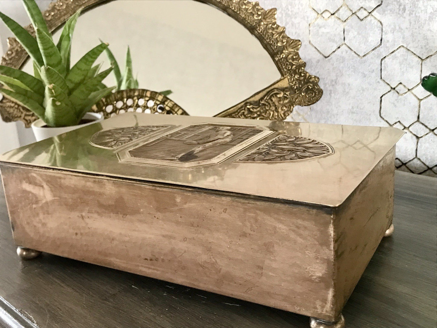 Antik WMF Jugendstil Messing Schatulle Zigarrendose Dose wunderschön Kegelklub