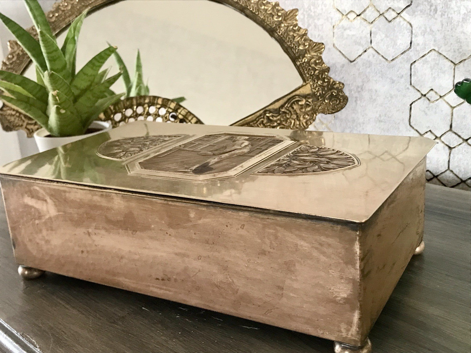 Antik WMF Jugendstil Messing Schatulle Zigarrendose Dose wunderschön Kegelklub