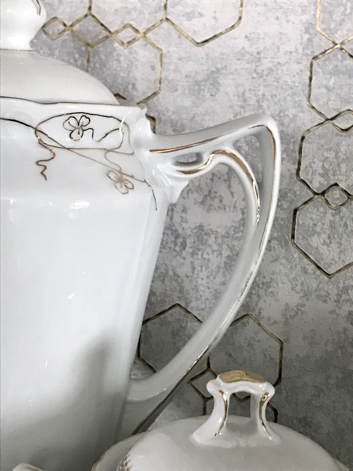 Antik reines Jugendstil Porzellan Kaffeeservice weiß gold 5 Pers. WOW!