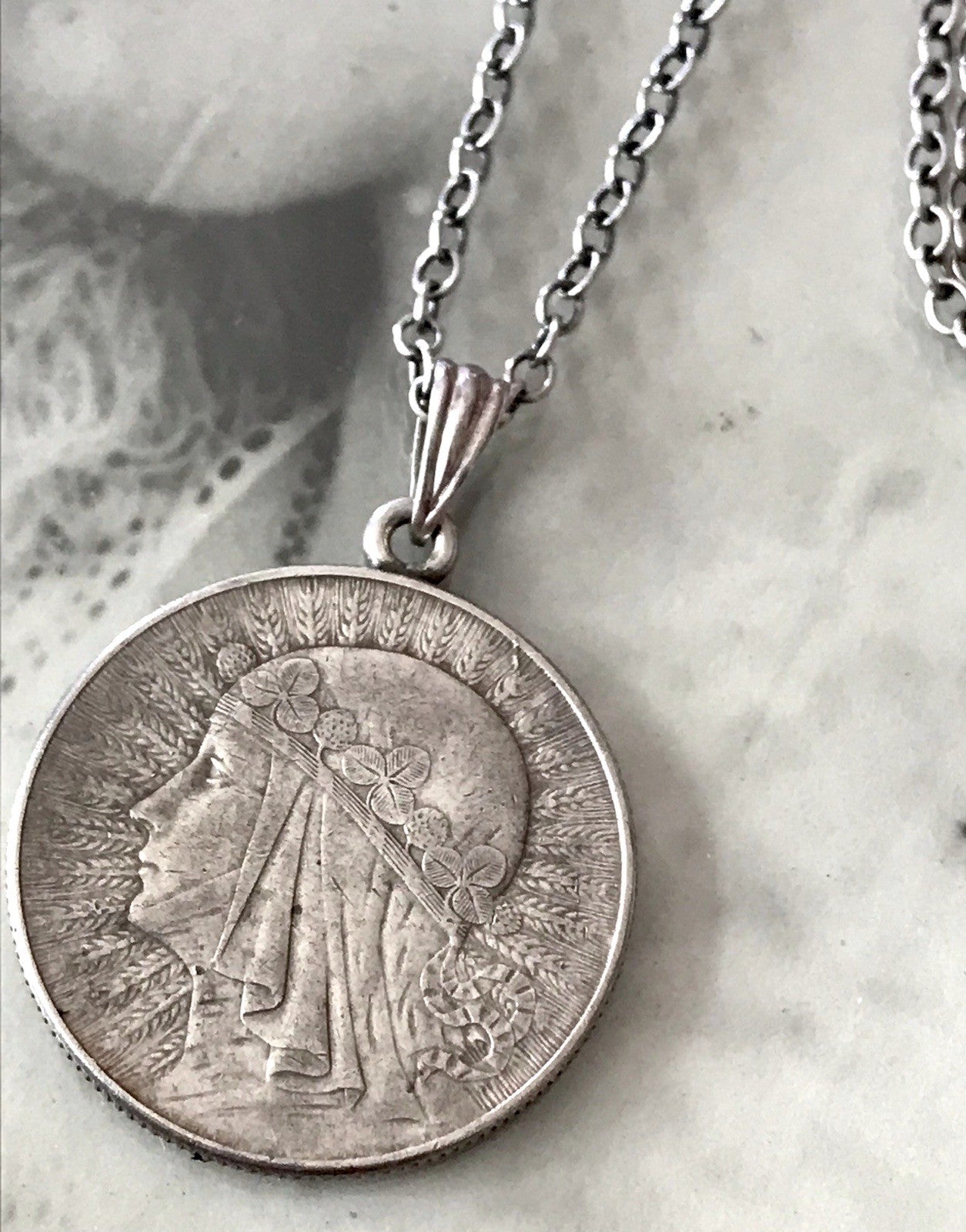 Antik Halskette Münze Jadwiga Polen 1933 Anhänger Kettenanhänger Silber 835
