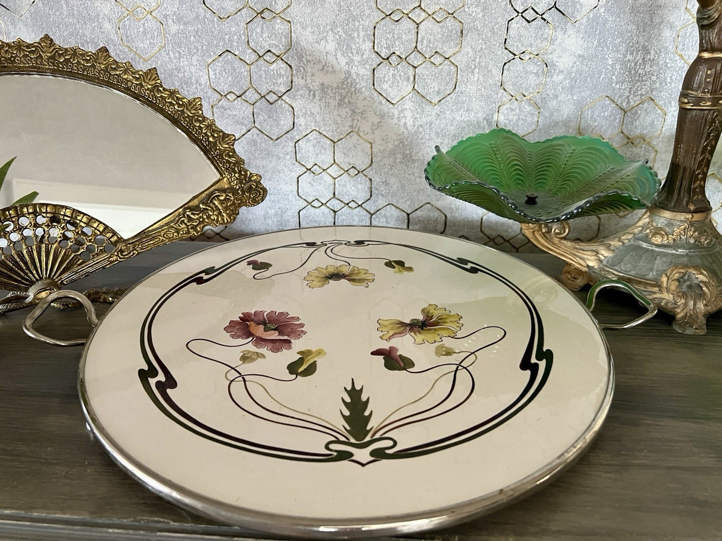 Antik WMF Jugendstil Art Deco Tortenplatte  Metallmontur Porzellan Keramik
