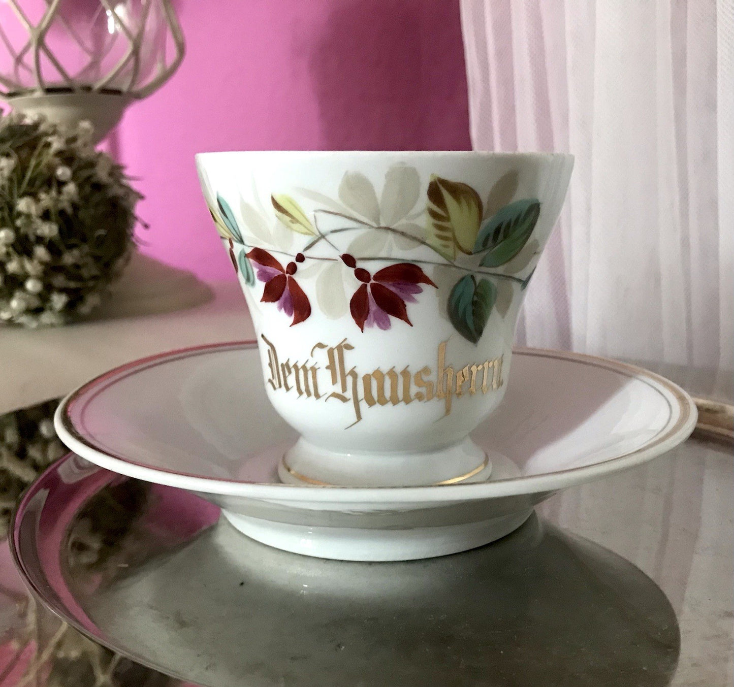 Antik Porzellan Andenken Becher Gedeck Sammeltasse Tasse „Dem Hausherrn“
