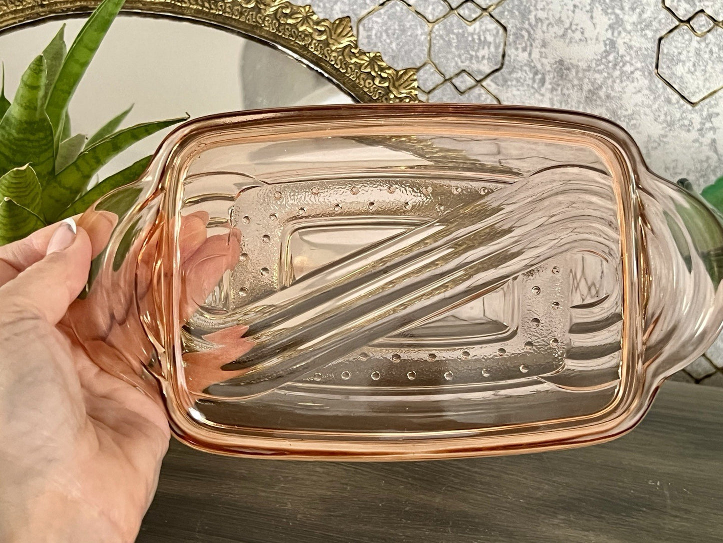 Antik Art Déco Pressglas kleine Schale Tablett Rosalin Rosa Glas Muster