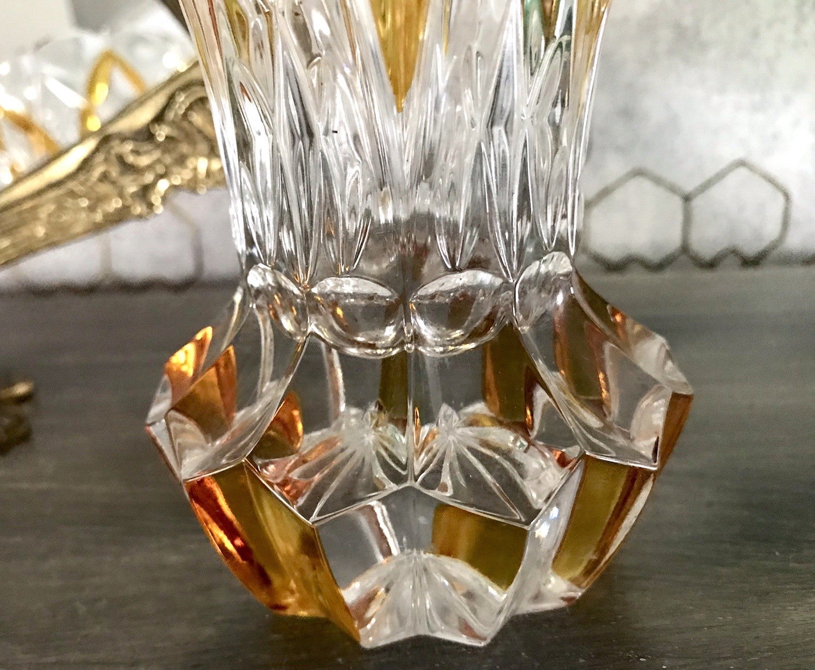 Antik alt Art Déco Stil Glasvase Bleikristall Vase Bernstein Gelbbeize Annahütte
