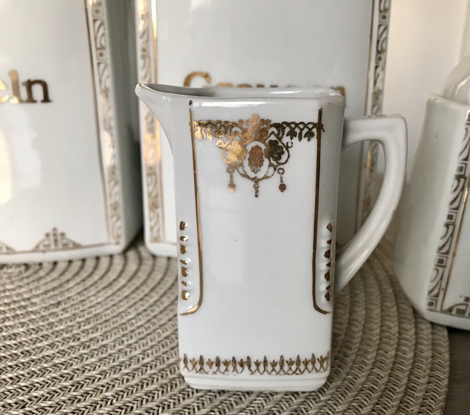 Antik Jugendstil 6 Porzellan Vorratsdosen Gefäße &1 Kännchen Graupen Sago Nudeln