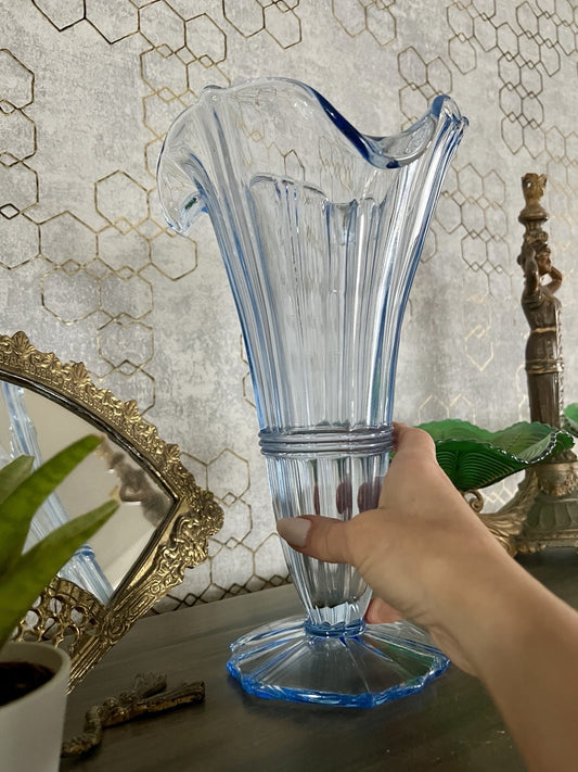 Antik Art Déco 1 GROẞ Bernsdorf Vase Glasvase Pressglas blau Glas RAR! asymmetr.