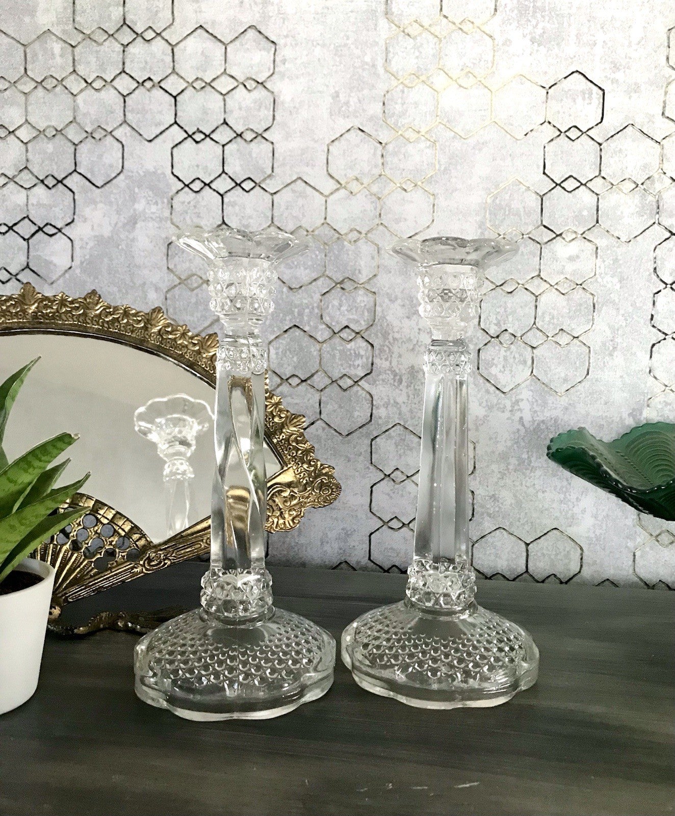 Antik Art Déco 2x Kerzenleuchter Leuchter Kerzenständer Pressglas Glas