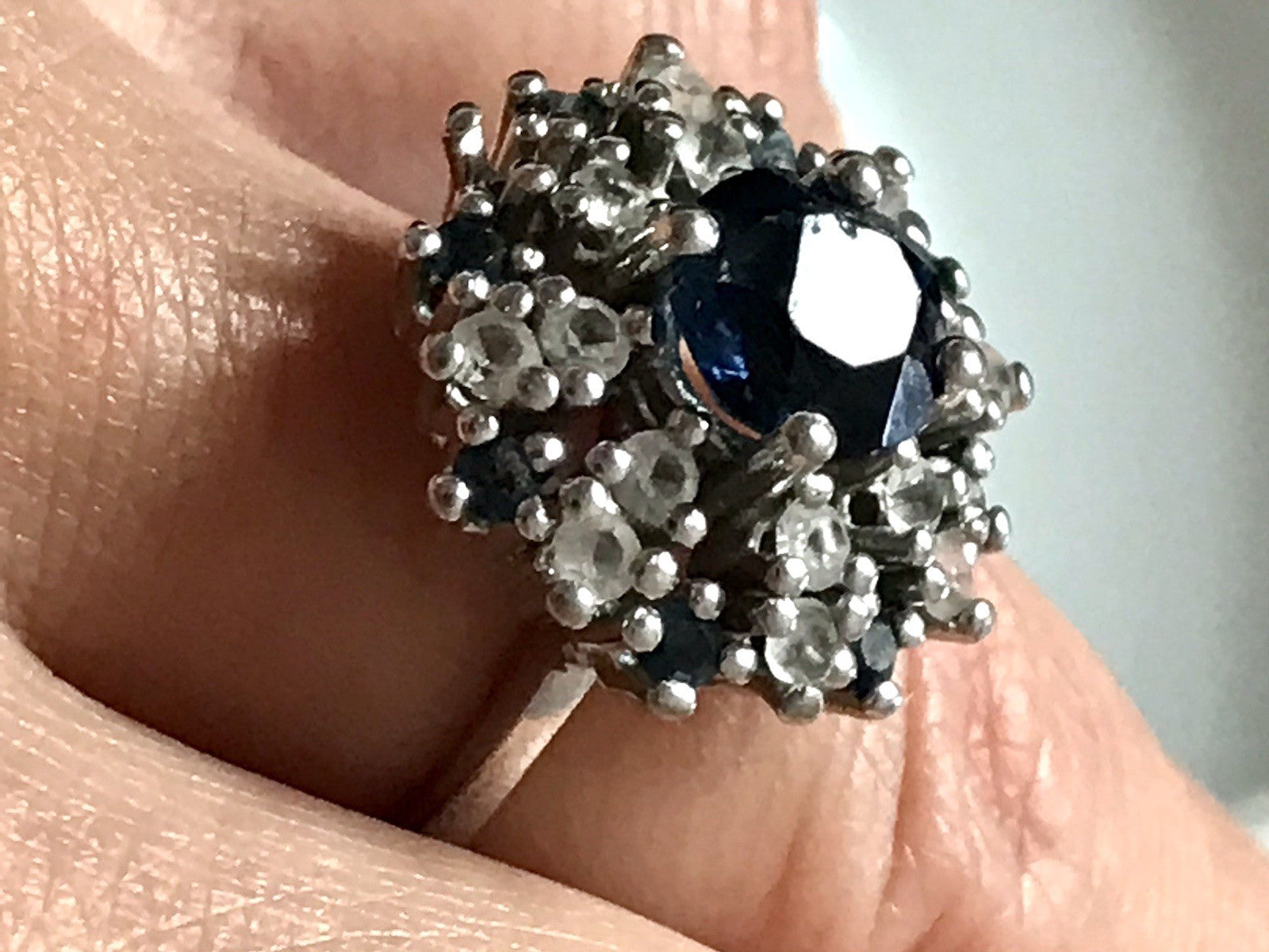 Vintage Entourage Halo Ring farblose Steine & Saphir Silber 835  ~Gr.55 17,5