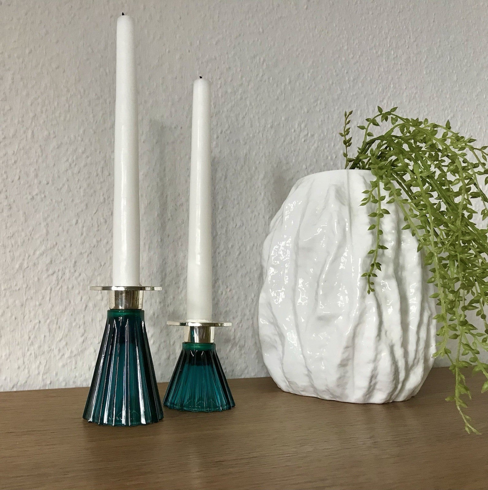 Vintage alt WMF 2 Leuchter Glas türkis versilbert Wagenfeld Ära
