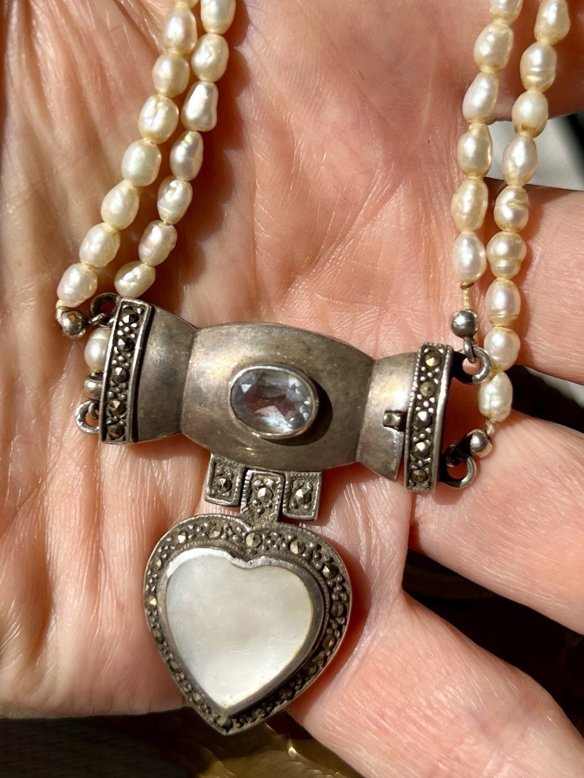 Antik  Jugendstil Silber Collier Perlen Halskette Herz Markasite blauer Stein