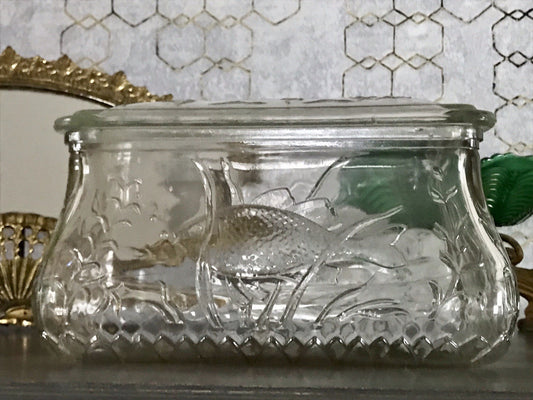 Antik Art Déco Deckeldose Dose Glasdose Pressglas Haribo Lakritze Fischmuster