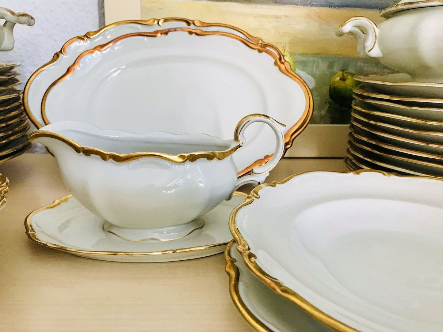 Antik Art Déco Porzellan Tafelservice goldene Ranke EDEL Mitterteich 12 Personen