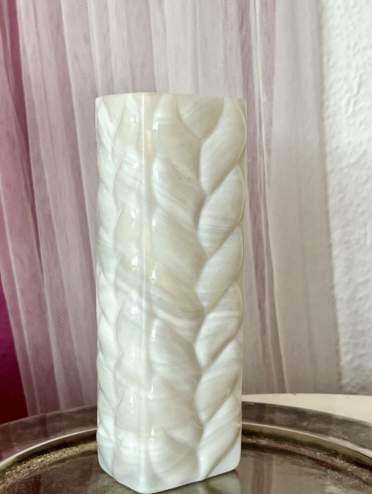 Vintage 60er Jahre MCM Glasvase Vase Glas Design Zopfmuster Blockvase weiß