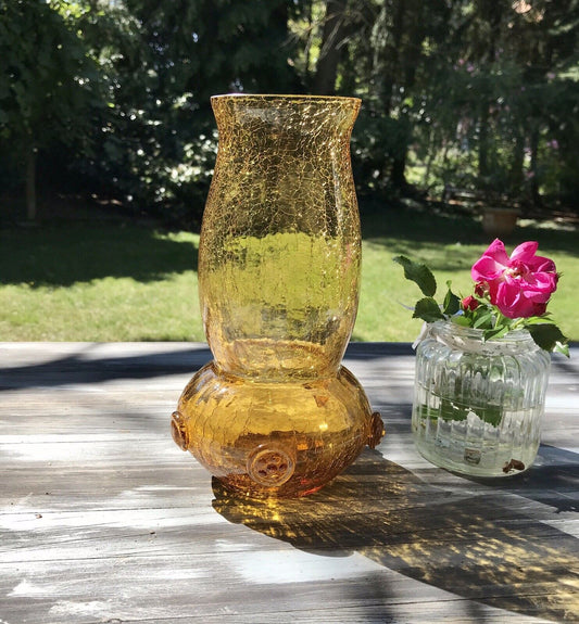 Antik Craqueleè Vase Glasvase Bernstein Gelb Amber Art Déco Nuppen