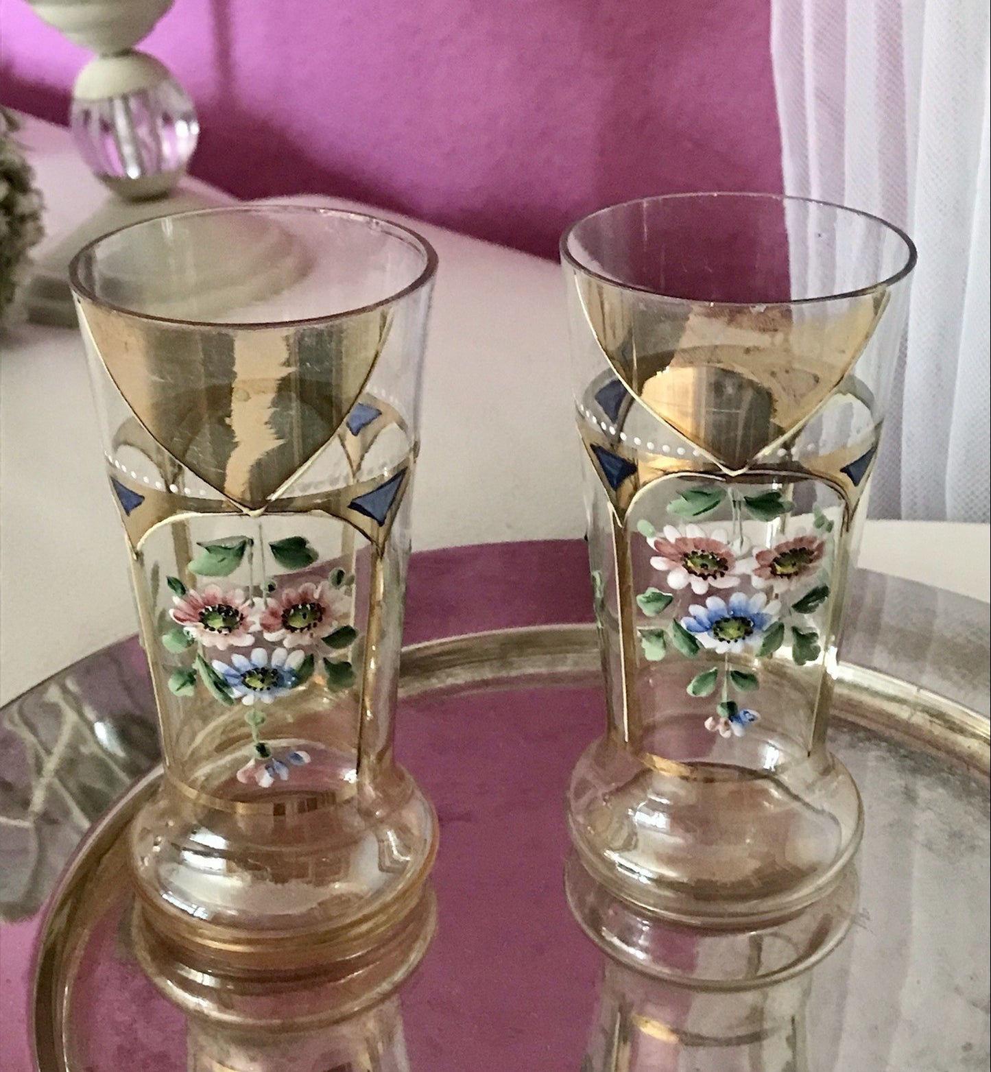 Antik Jugendstil Emaile -Malerei Glas Fußbecher Becher Pokal Bierglas irisierend