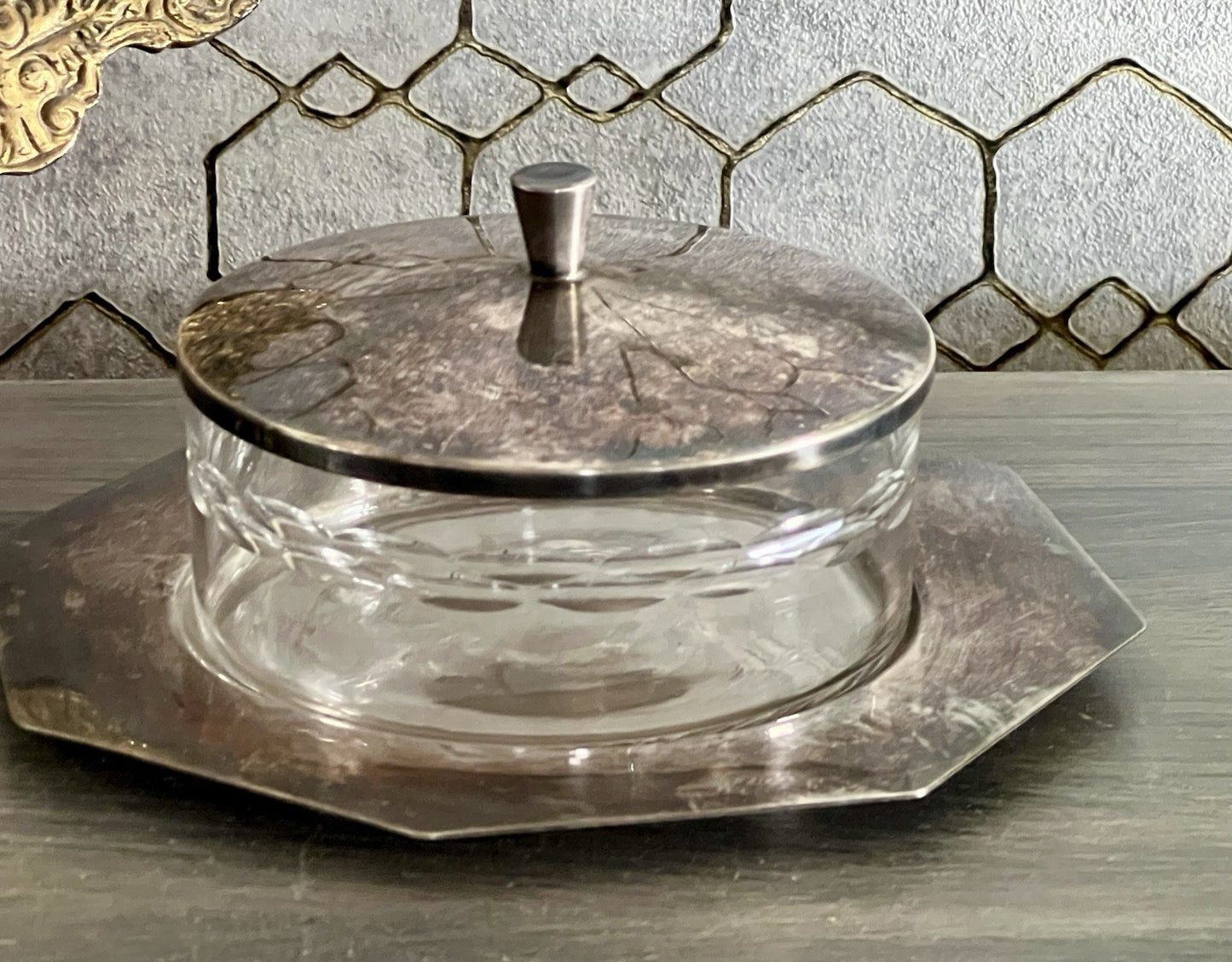 Antik WMF Art Déco Butterdose Dose versilbert Deckeldose Glaseinsatz geschliffen