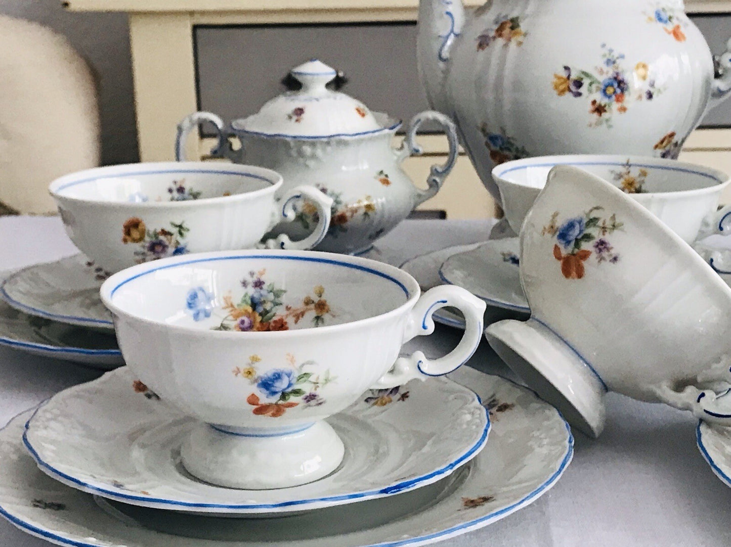 Antik spätes Art Déco Porzellan Kaffeeservice Stadtlengsfeld Rhön 1949-52