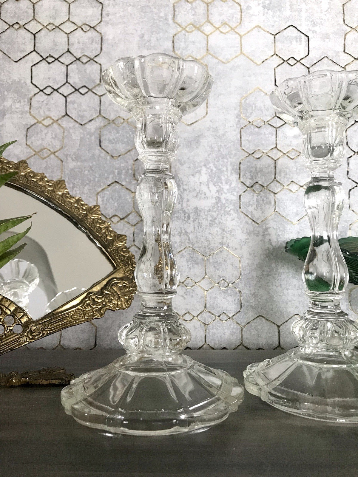 Antik Art Déco 2x Kerzenleuchter Leuchter Kerzenständer Pressglas Glas