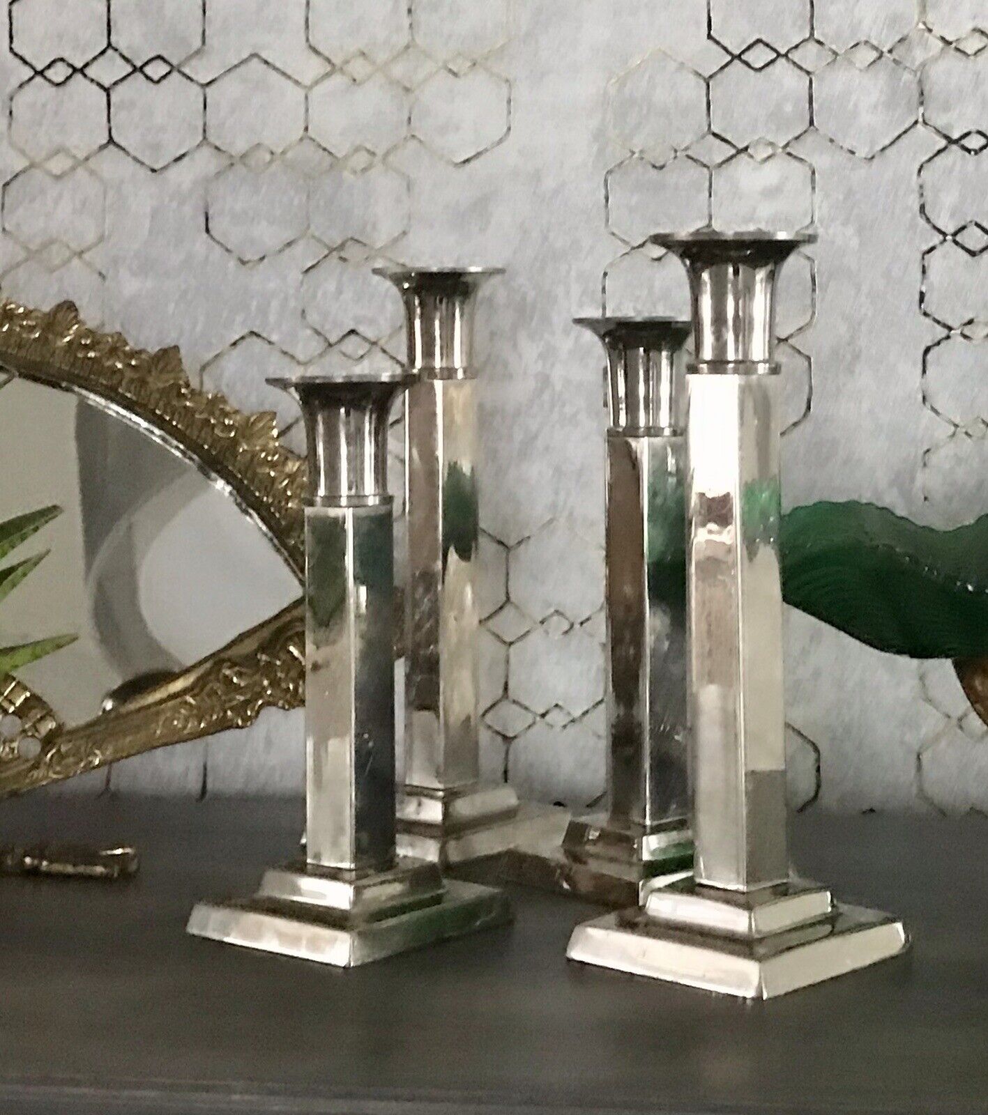 4 Kerzenleuchter Kerzenständer Leuchter Art Déco Stil versilbert? kantig