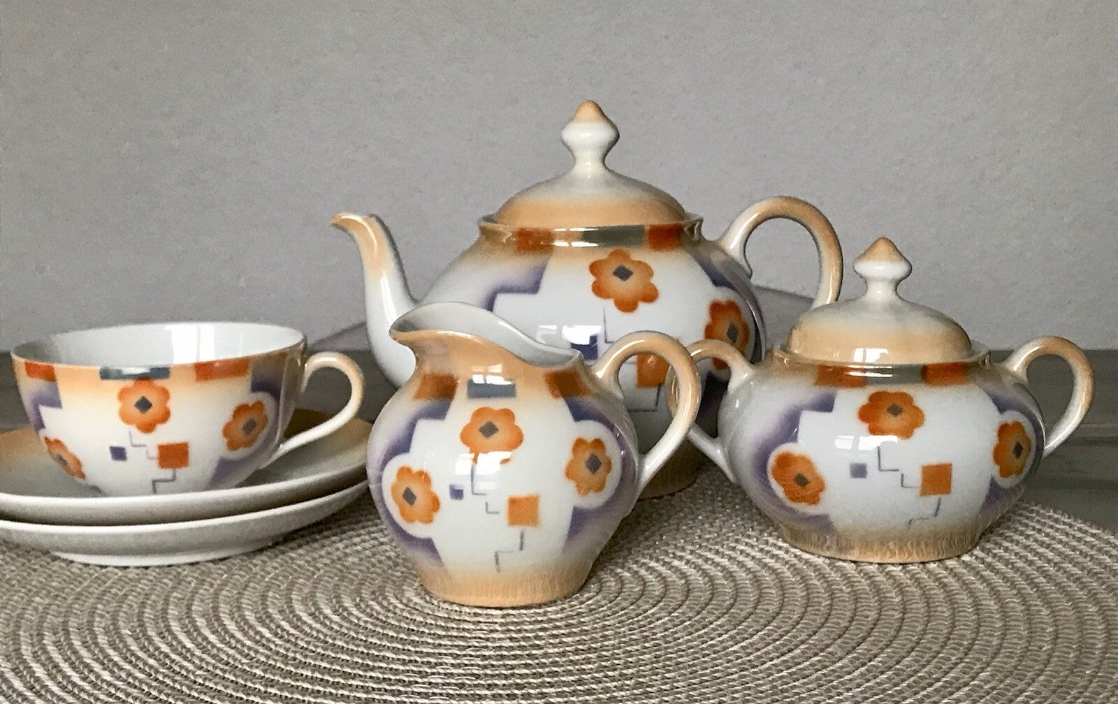 Antik Art Déco Porzellan Kaffeeservice Spritzdekor Moccaservice