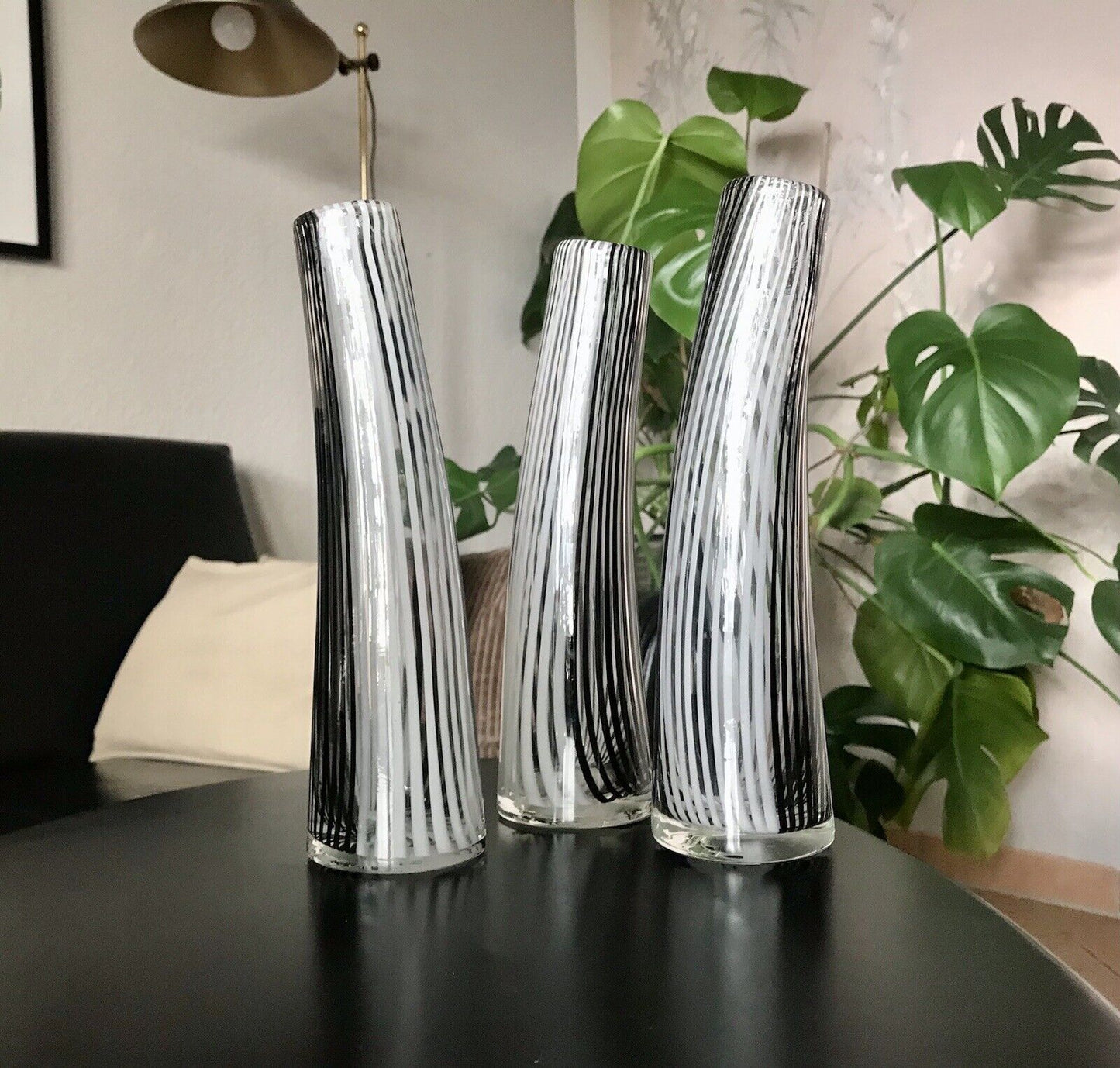 Vintage 3x Dino Martens Vase Glasvase Bianca Nero Streifen Glaskunst Murano