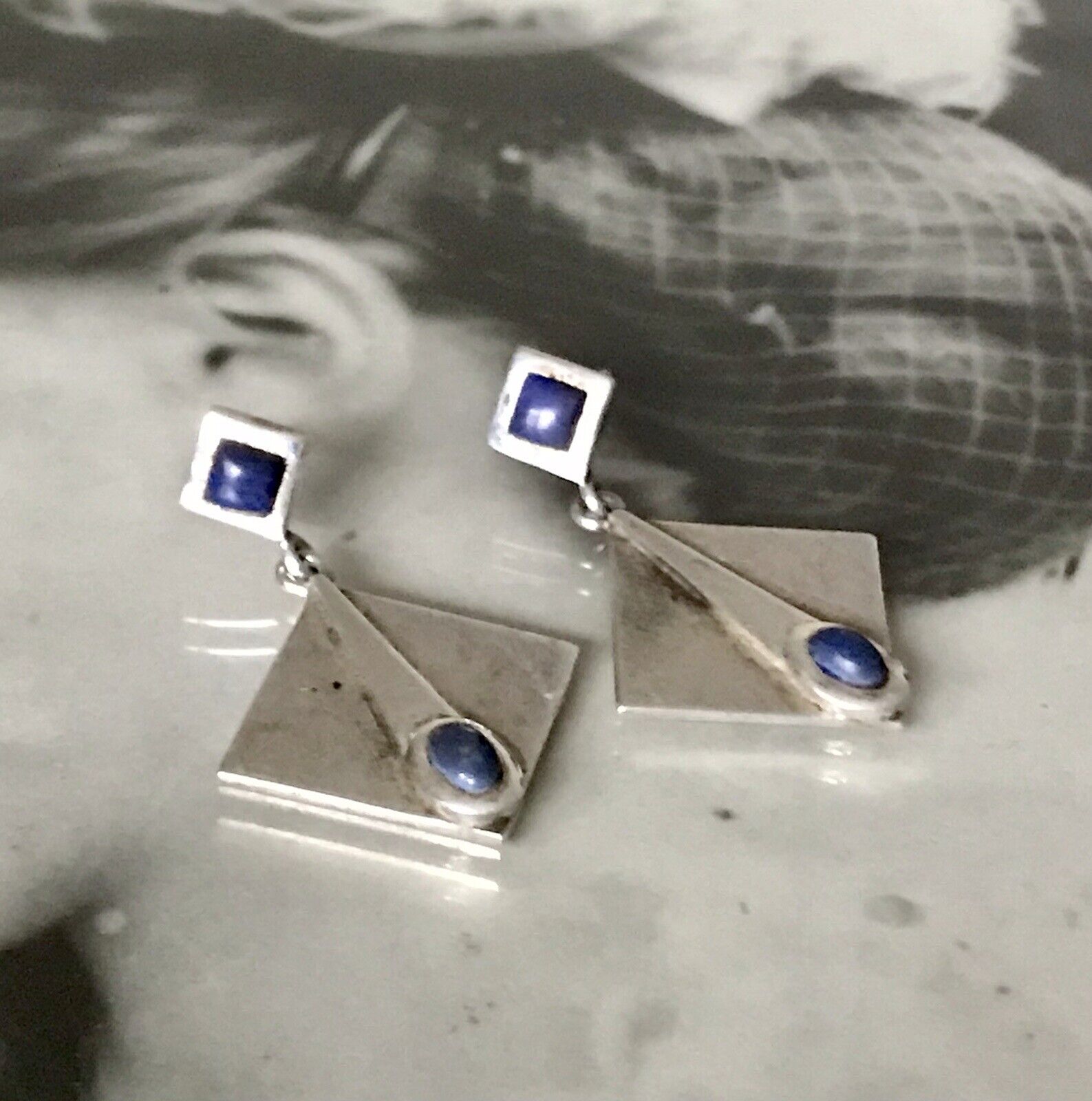 Alt Vintage Modern Ohrringe Ohrhänger DAMEN 925 Silber blauer Stein Sodalith?