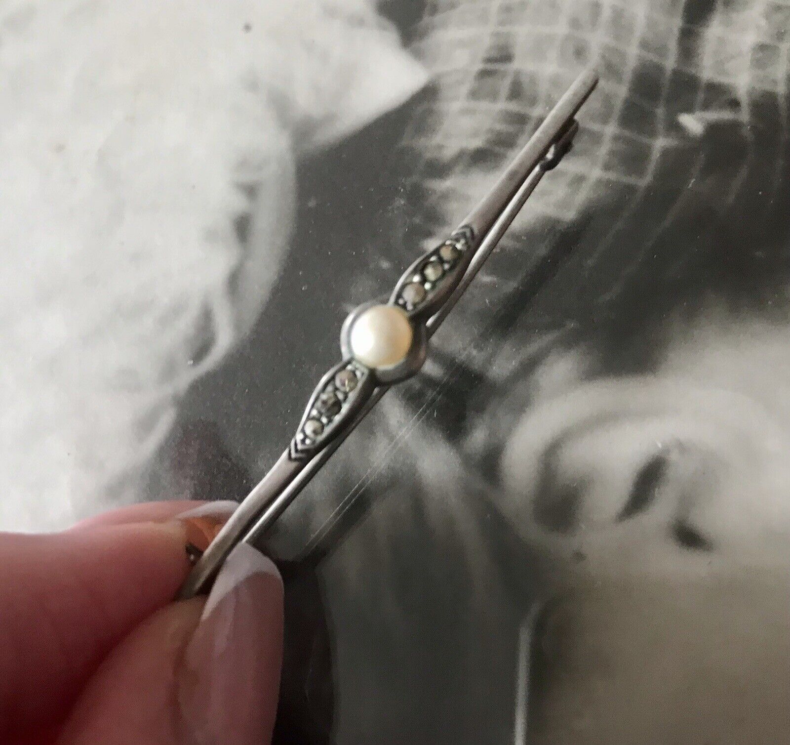 Antik Art Déco Edel Stabbrosche 835 Silber Brosche Markasiten Perle So Schön!