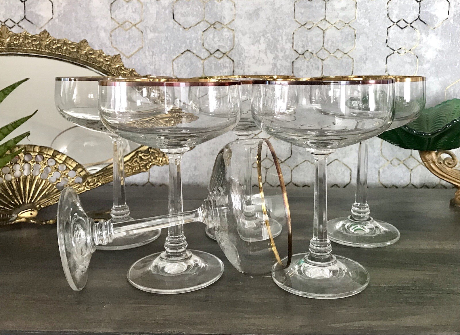 Antik? Art Déco 6 x Champagnerschalen Sekt Gläser Goldrand Lausitzer? Crystal