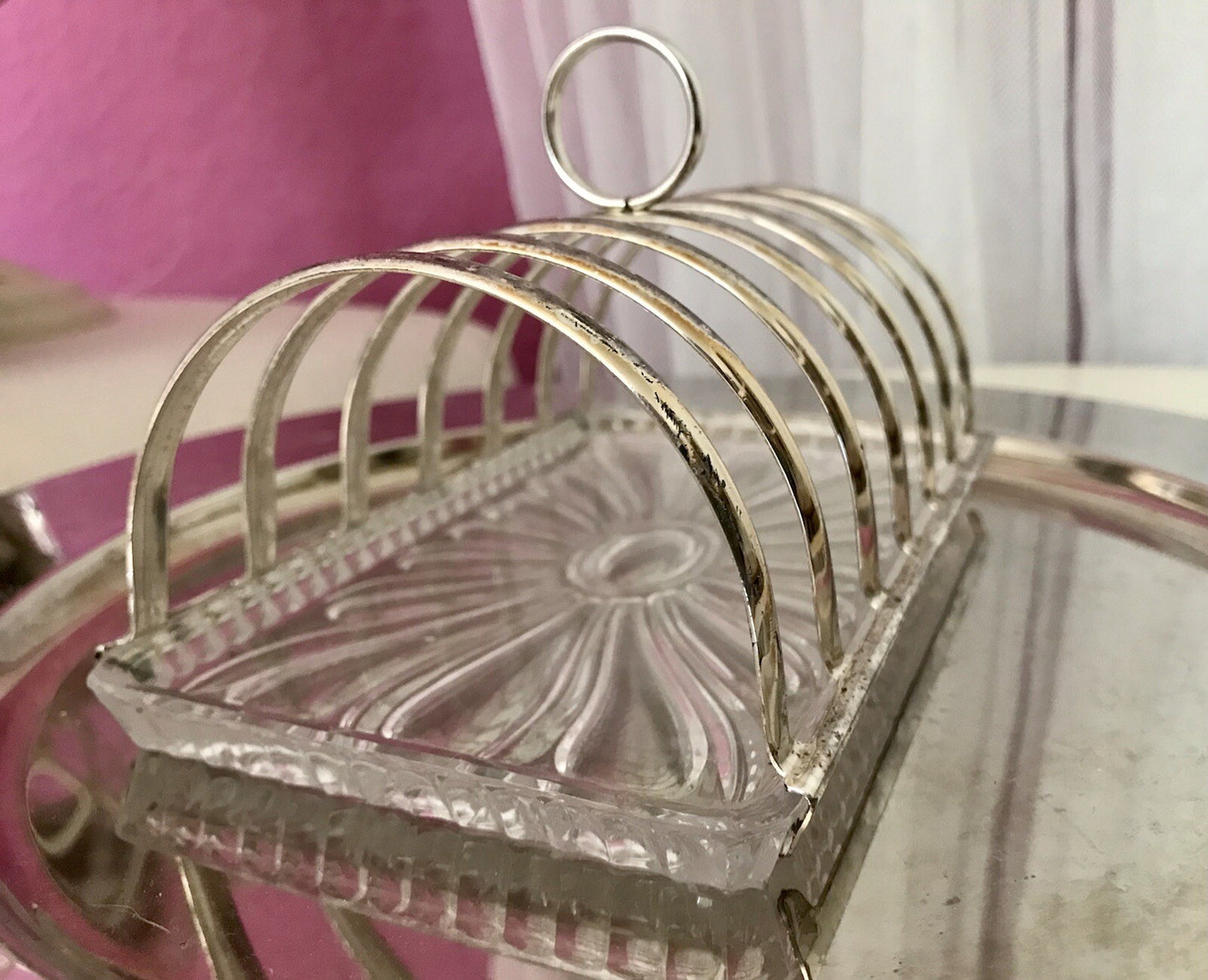 Vintage Toastbrot Ständer Halter versilbert Glaseinsatz Kristallglas 60er Jahre