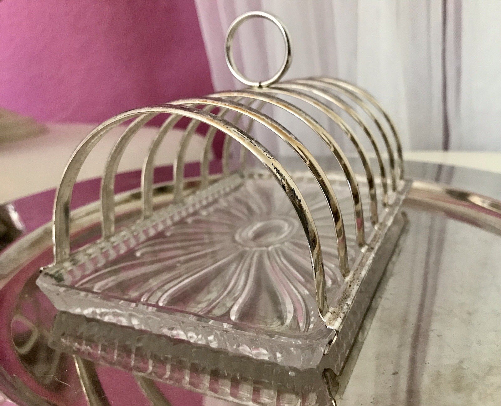 Vintage Toastbrot Ständer Halter versilbert Glaseinsatz Kristallglas 60er Jahre